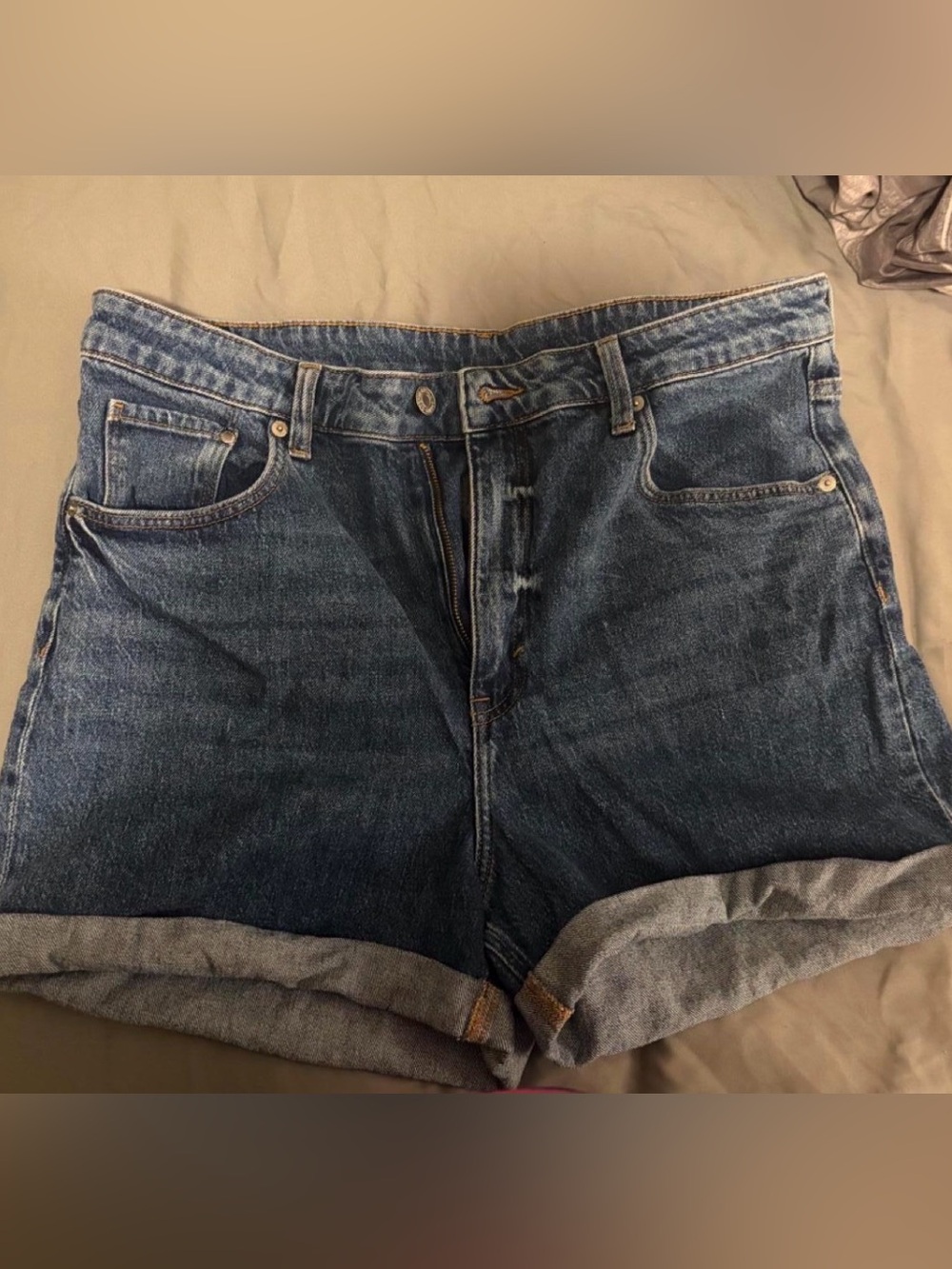 & Denim Mom Shorts. Classic High-Rise Denim Shorts - Blue